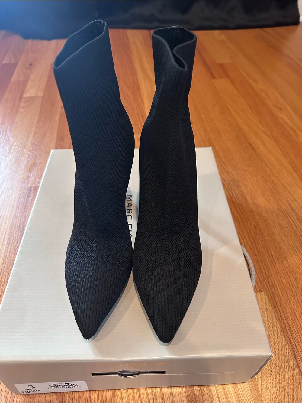 Marc Fisher Black Pointed-Toe Knit Sock Booties